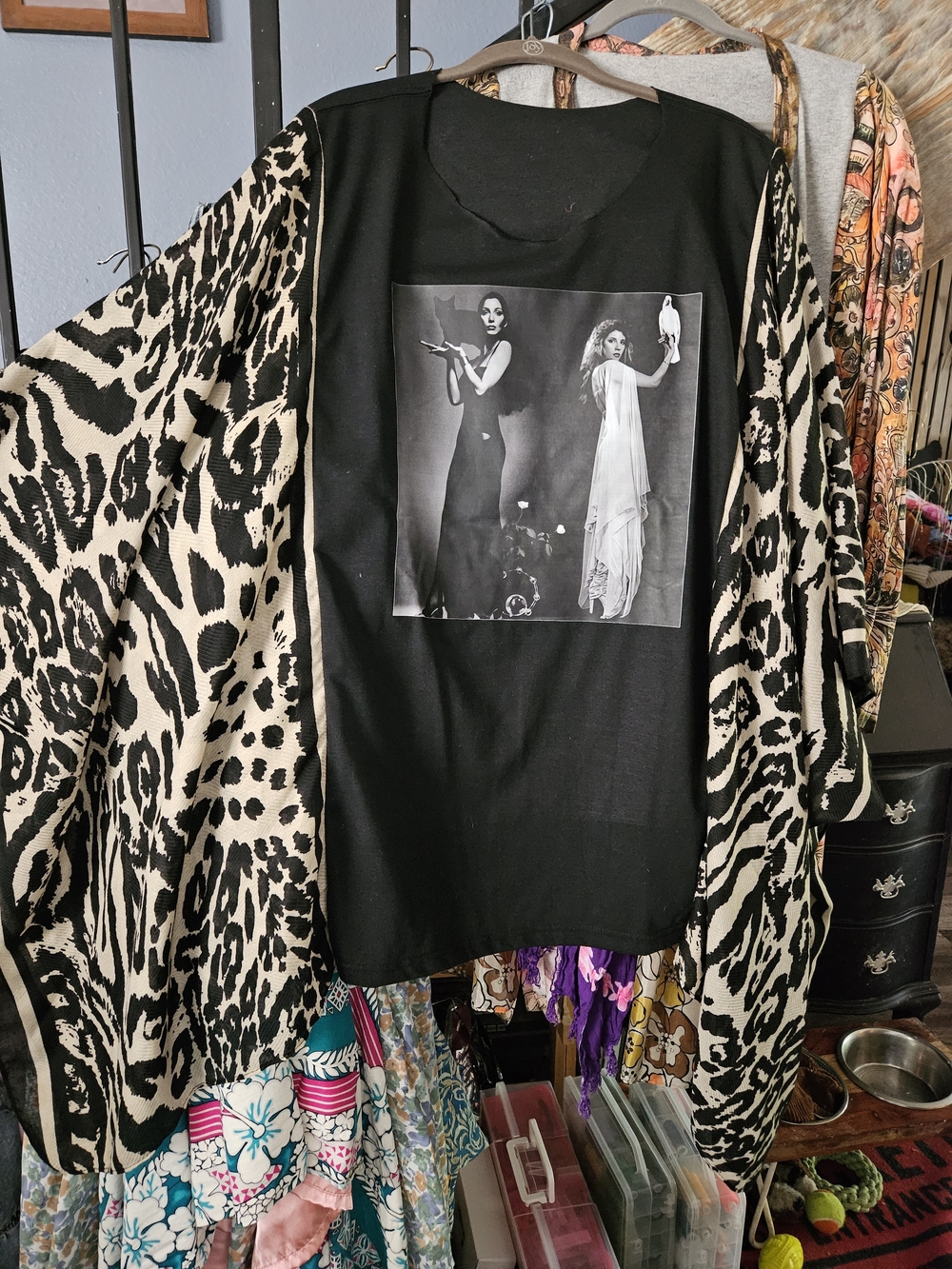 Black Graphic Tee with Animal Print Sleeves